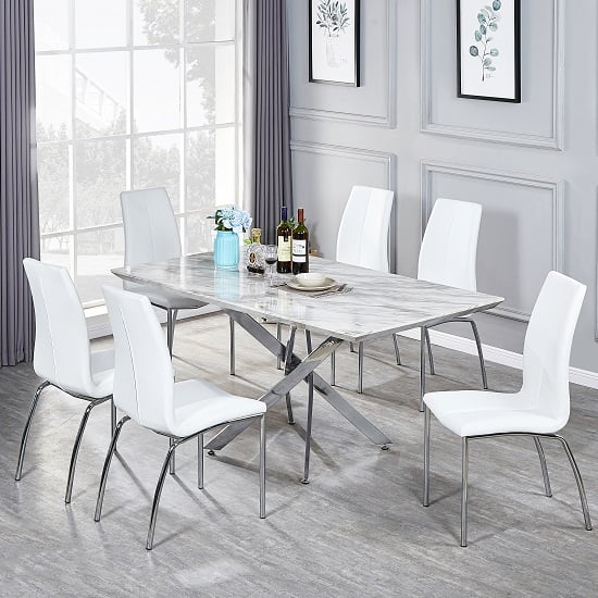 Photo of Deltino magnesia marble effect dining table 6 opal white chairs